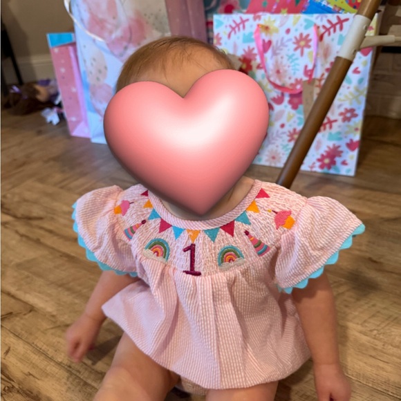 Mud Pie 1st Birthday Pink Baby Romper with Rainbow Details - Picture 3 of 3
